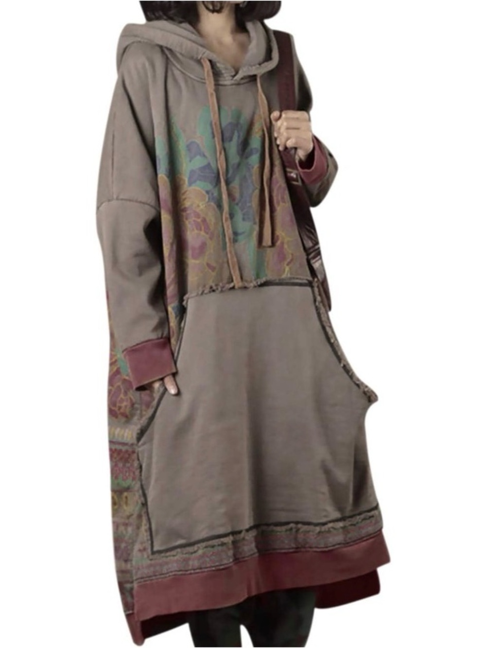 Yesno Women's Long Casual Hooded Sweatshirt Dress Ethnic Print One Size